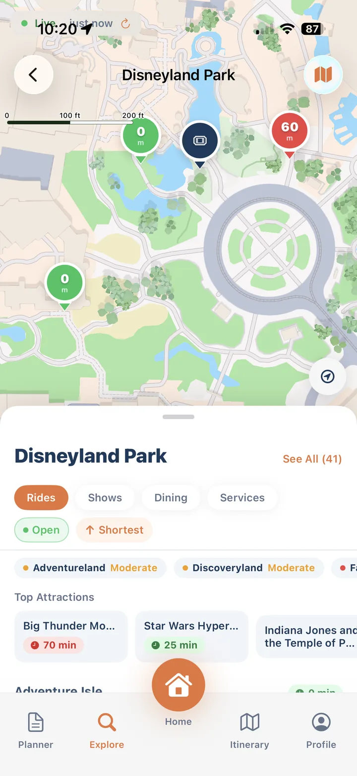 Interactive Disneyland Park map with live wait pins
